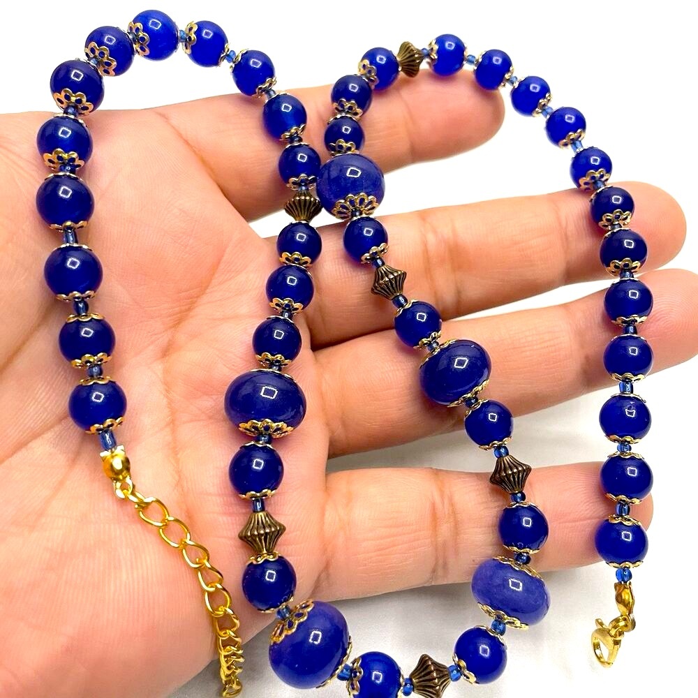Earth Mined Sapphire Blue Gemstone Gold Tone Beaded Necklace Statement Bold